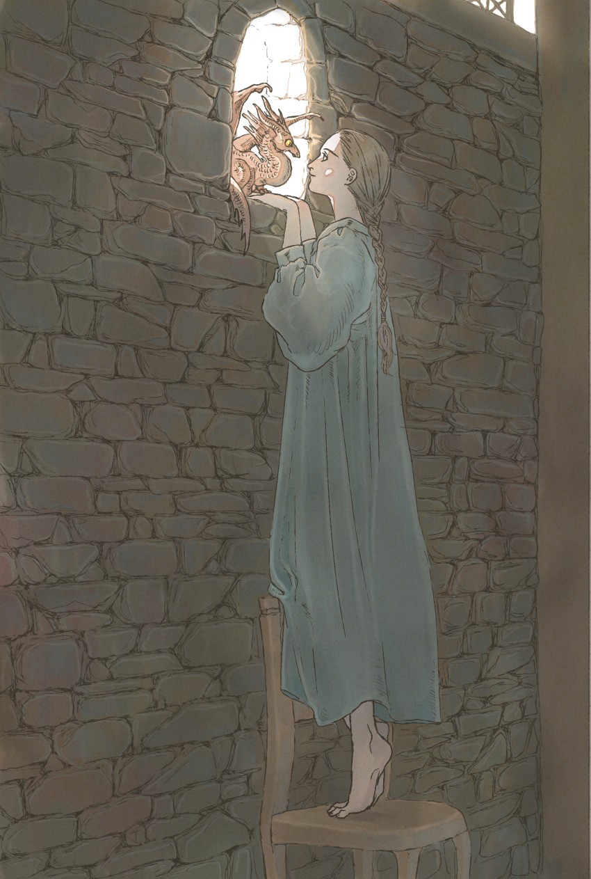 1girl absurdres ajitsuke_nori blonde_hair braid chair dragon dragon_tail dragon_wings highres long_hair looking_at_another nightgown on_chair original scales small_dragon smile standing standing_on_chair stone_wall tail wall window wings wooden_chair