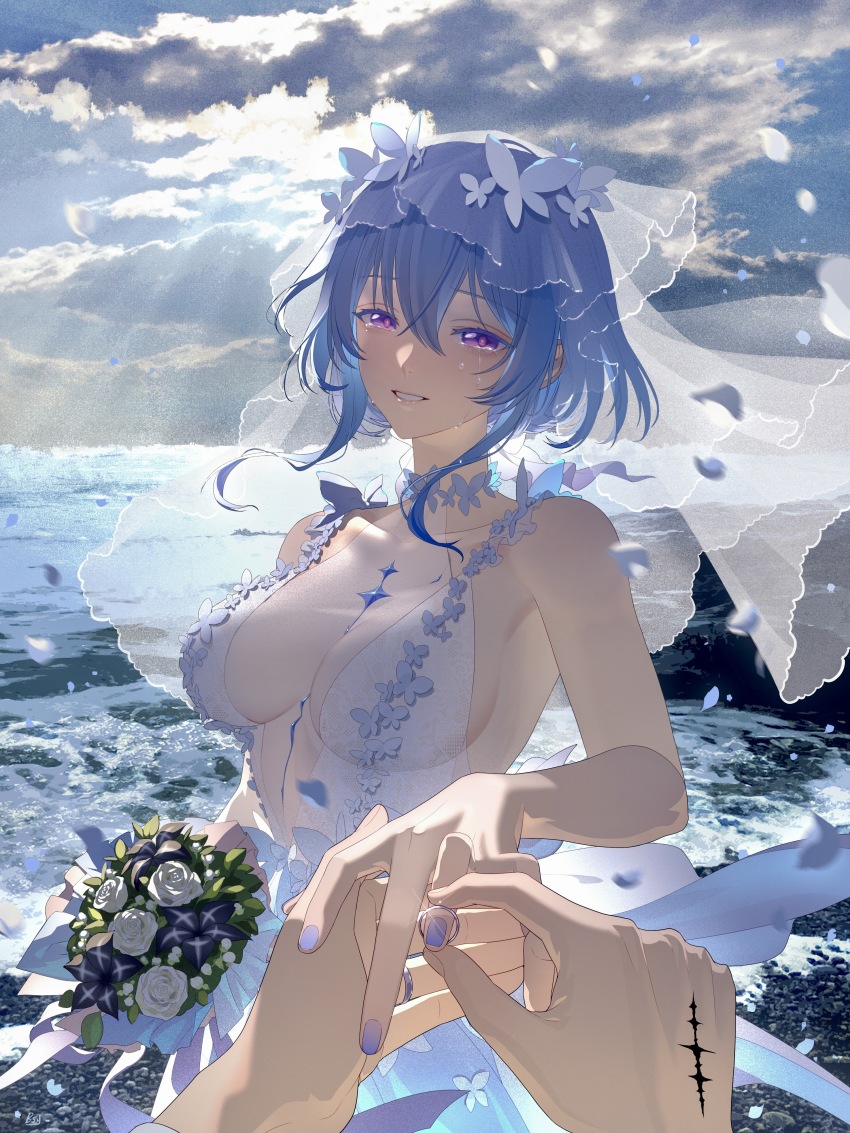 1girl 1other absurdres alternate_costume banysun bare_arms bare_shoulders black_flower blue_hair body_markings bouquet breasts bridal_veil chinese_commentary cloud commentary covered_collarbone crying crying_with_eyes_open dress flower foaming_waves hair_between_eyes highres holding holding_bouquet jewelry large_breasts linea_alba looking_at_viewer nail_polish ocean parted_lips pov pov_hands purple_eyes ring rose rover_(wuthering_waves) see-through_clothes see-through_veil shore shorekeeper_(wuthering_waves) sideless_dress signature sleeveless sleeveless_dress smile solo_focus streaming_tears tacet_mark_(wuthering_waves) tears updo upper_body veil waves wedding wedding_ring white_dress white_flower white_rose white_veil wuthering_waves