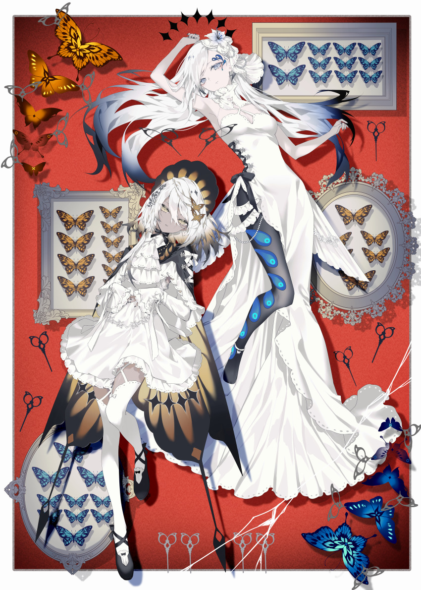 2girls absurdres armpits ascot black_bow black_capelet black_nails black_shoes blue_butterfly bonnet bow breasts bug butterfly capelet closed_mouth colored_tips dark-skinned_female dark_skin dress expressionless facepaint flower footwear_bow framed_insect frilled_capelet frills full_body garter_straps grey_eyes grey_hair grey_pantyhose hair_flower hair_ornament highres insect kotarou_(kot_mochi) long_dress long_hair looking_at_viewer lying medium_breasts multicolored_hair multiple_girls on_back orange_butterfly original pantyhose parted_lips platform_shoes print_pantyhose scissors shoes sleeveless sleeveless_dress sleeves_past_wrists thighhighs tsurime two-tone_hair veil white_ascot white_dress white_flower white_hair white_shoes white_thighhighs white_veil yellow_eyes
