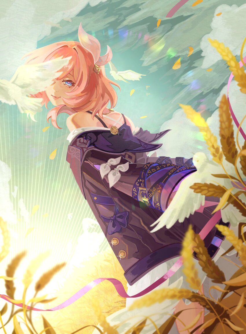 1girl absurdres bare_shoulders bird blue_eyes blue_sky cloud coat commentary cyrene_(honkai:_star_rail) english_commentary hair_ornament highres honkai:_star_rail honkai_(series) looking_at_viewer nicsdoodles outdoors pink_hair pink_pupils purple_coat short_hair sky smile solo wheat wheat_field white_bird