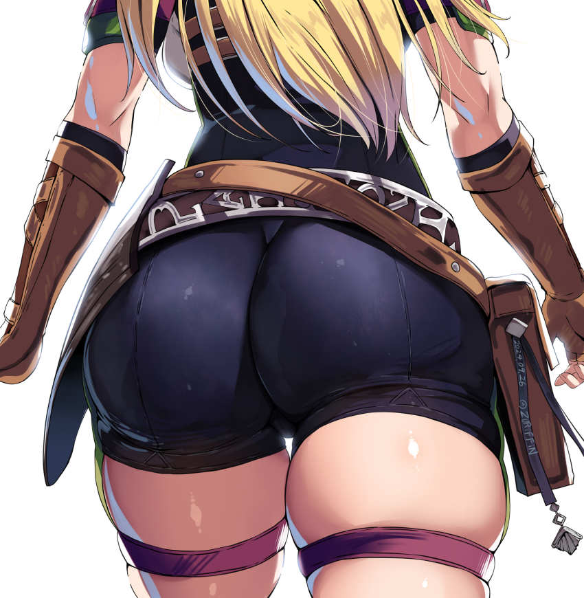 1girl ass ass_focus belko belt black_shorts blonde_hair brown_gloves dated fingerless_gloves from_behind gloves highres holster long_hair pouch romancing_saga_2 saga short_shorts short_sleeves shorts simple_background skindentation solo theresa_(saga) thigh_strap thighs twitter_username white_background