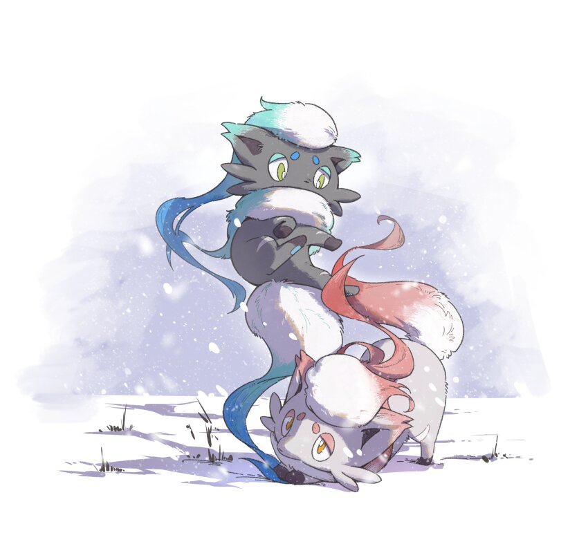 alternate_color animal_focus animal_hands blue_fur creatures_(company) fox full_body game_freak green_eyes grey_fur highres hisuian_zorua looking_at_another neck_fur nintendo no_humans orange_eyes pawpads pokemon pokemon_(creature) red_fur robinlovesop shiny_and_normal shiny_pokemon simple_background snowing standing white_background white_fur