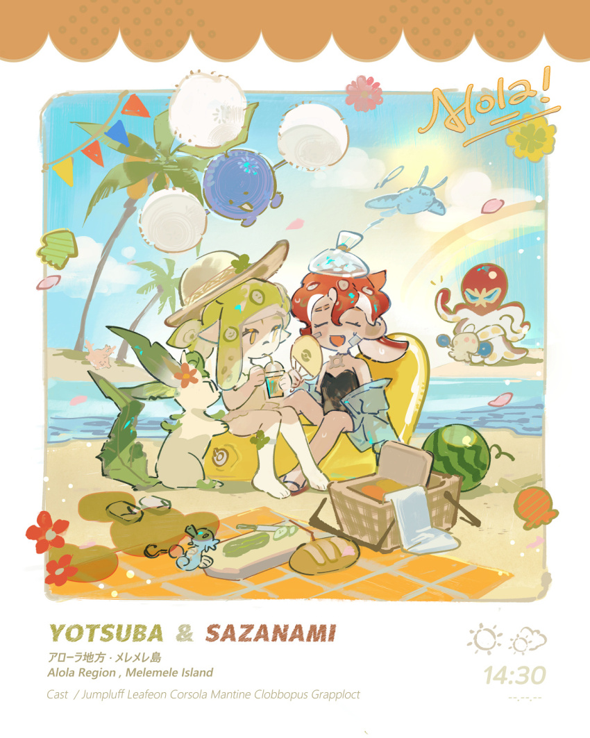 2girls ^_^ bandaid bandaid_on_cheek bandaid_on_face bandaid_on_nose bare_legs black_one-piece_swimsuit blue_jacket blue_sky border bread character_request chinese_commentary closed_eyes closed_mouth cloud clover collared_jacket commentary_request cucumber cucumber_slice cup cutting_board day disposable_cup drink drinking_straw english_text expressionless eyelashes flower food four-leaf_clover frilled_one-piece_swimsuit frills full_body game_freak green_hair hand_fan happy hat hat_ornament highres holding holding_drink holding_fan ice_pack inflatable_toy inkling_girl inkling_player_character island jacket jacket_partially_removed knife lapels light_frown light_particles long_hair long_sleeves medium_hair mixed-language_text multiple_girls nintendo object_on_head ocean octoling_girl octoling_player_character on_chair one-piece_swimsuit outdoors palm_tree petals picnic_basket picnic_blanket pointy_ears pokemon pokemon_(creature) rainbow red_flower red_footwear red_hair sandals satonishi sitting sky splatoon_(series) strapless strapless_one-piece_swimsuit string string_of_fate summer sun_hat swimsuit tentacle_hair timestamp translation_request tree wet white_border white_hat white_one-piece_swimsuit yellow_eyes
