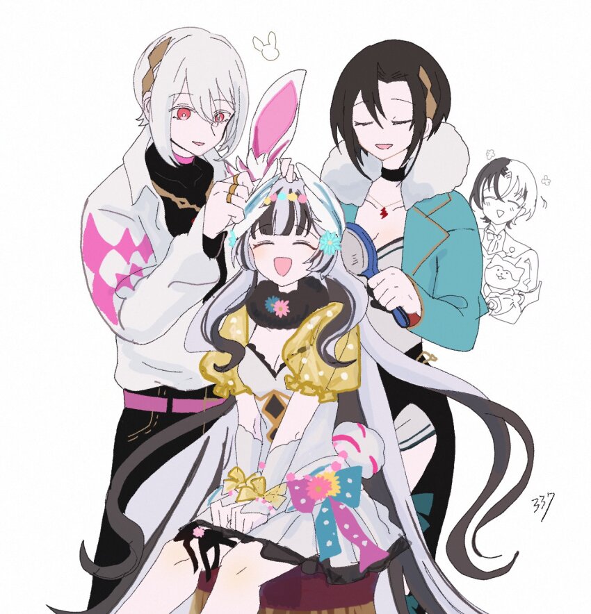 2boys 2girls :d animal animal_ears belt black_choker black_collar black_hair black_pants black_sweater blue_flower blue_jacket blunt_bangs blush bow breasts brother_and_sister brushing_hair casual chair choker cleavage closed_eyes collar collarbone crossed_bangs curtained_hair dog dress fake_animal_ears fake_tail feet_out_of_frame fire_emblem fire_emblem_engage fire_emblem_heroes flower flower_symbol fur-trimmed_jacket fur_trim gold_necklace grey_hair hair_between_eyes hair_ornament hands_on_lap happy highres holding holding_animal holding_dog jacket jewelry long_hair male_alear_(fire_emblem) male_focus medium_breasts multicolored_hair multiple_boys multiple_girls necklace nel_(fire_emblem) nintendo official_alternate_costume on_chair open_mouth pants parted_bangs partially_colored pink_belt pink_flower pleated_dress polka_dot_sleeves rabbit_ears rabbit_tail rafal_(fire_emblem) red_eyes sasaki_(dkenpisss) see-through_clothes see-through_sleeves shirt short_dress siblings sitting small_breasts smile sommie_(fire_emblem) sweater tail turtleneck turtleneck_sweater two-tone_hair very_long_hair veyle_(fire_emblem) veyle_(spring)_(fire_emblem) wavy_hair white_arm_warmers white_background white_dress white_hair white_jacket white_shirt wing_hair_ornament wrist_bow yellow_bow yellow_flower