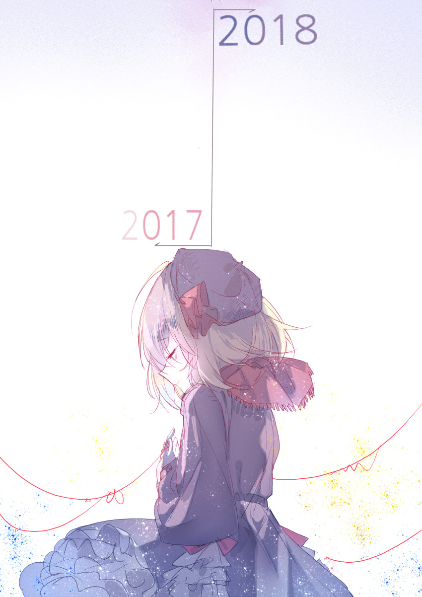 1girl absurdres ascot black_skirt blonde_hair closed_eyes hair_ribbon hat highres red_ascot ribbon rumia scarf short_hair skirt skirt_set solo timestamp touhou upper_body white_background zhixie_jiaobu