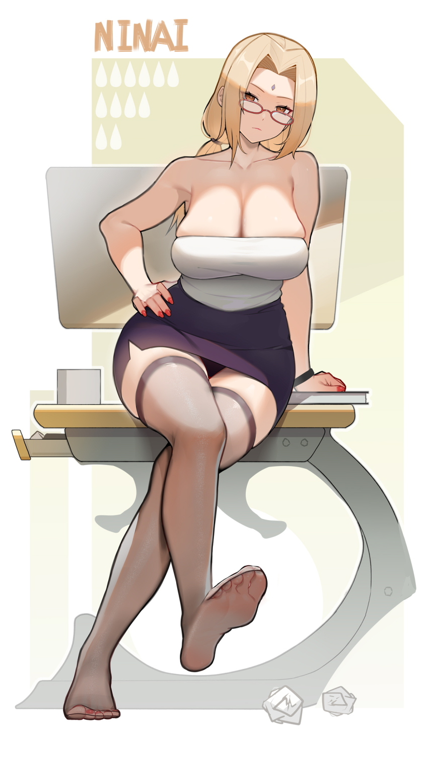1girl bare_arms bare_shoulders black_thighhighs blonde_hair breasts crossed_legs facial_mark feet forehead_mark glasses highres large_breasts legs long_hair looking_at_viewer mature_female naruto_(classic) naruto_(series) ninai no_shoes office_lady pencil_skirt ponytail skirt soles table thighhighs toes tsunade_(naruto) yellow_eyes