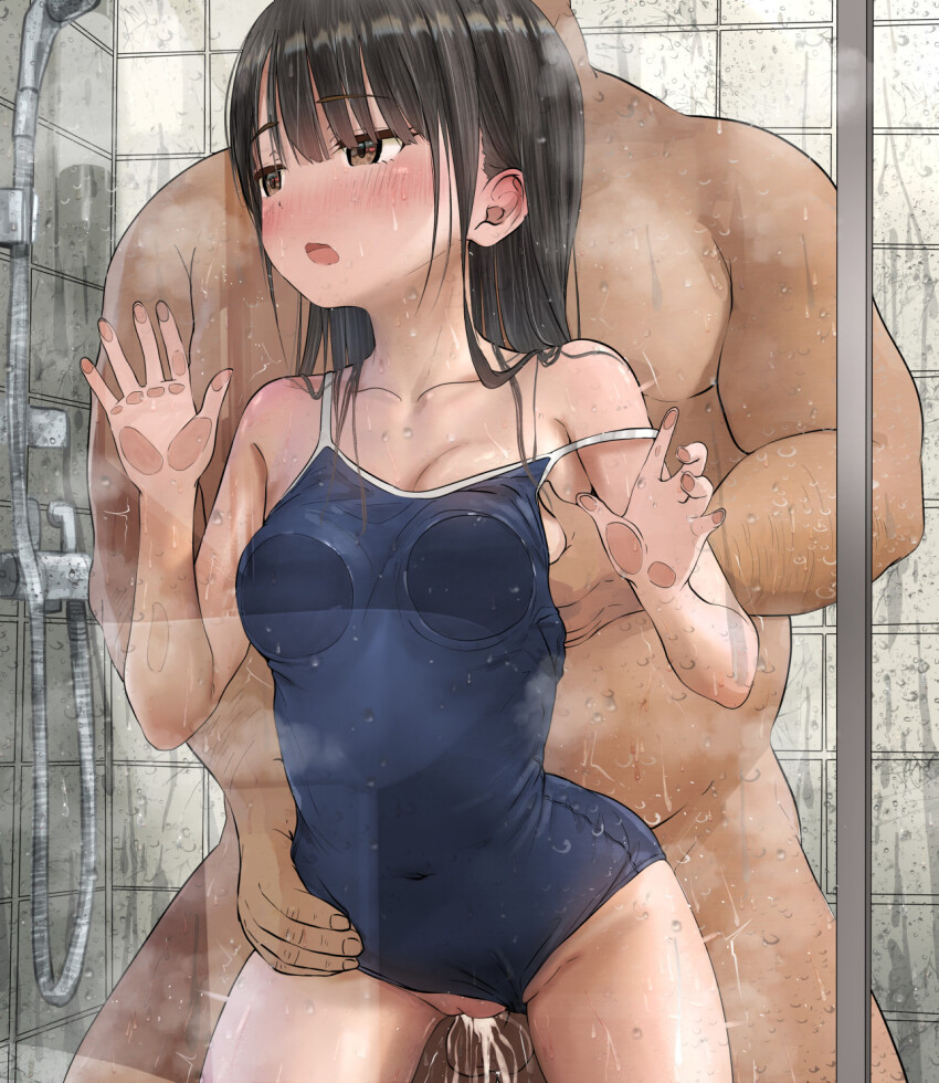 1boy 1girl against_glass black_hair blue_one-piece_swimsuit blush breast_press breasts breasts_on_glass brown_eyes clothed_female_nude_male clothed_sex clothing_aside collarbone cum cum_overflow dark-skinned_male dark_skin egami fat fat_man grabbing_another&#039;s_breast grabbing_from_behind groping hand_under_clothes hand_under_swimsuit hetero highres indoors long_hair medium_breasts medium_hair mixed-sex_bathing nude one-piece_swimsuit open_mouth original school_swimsuit sex sex_from_behind shared_bathing shower_(place) standing standing_sex strap_slip swimsuit swimsuit_aside testicles textless_version wet
