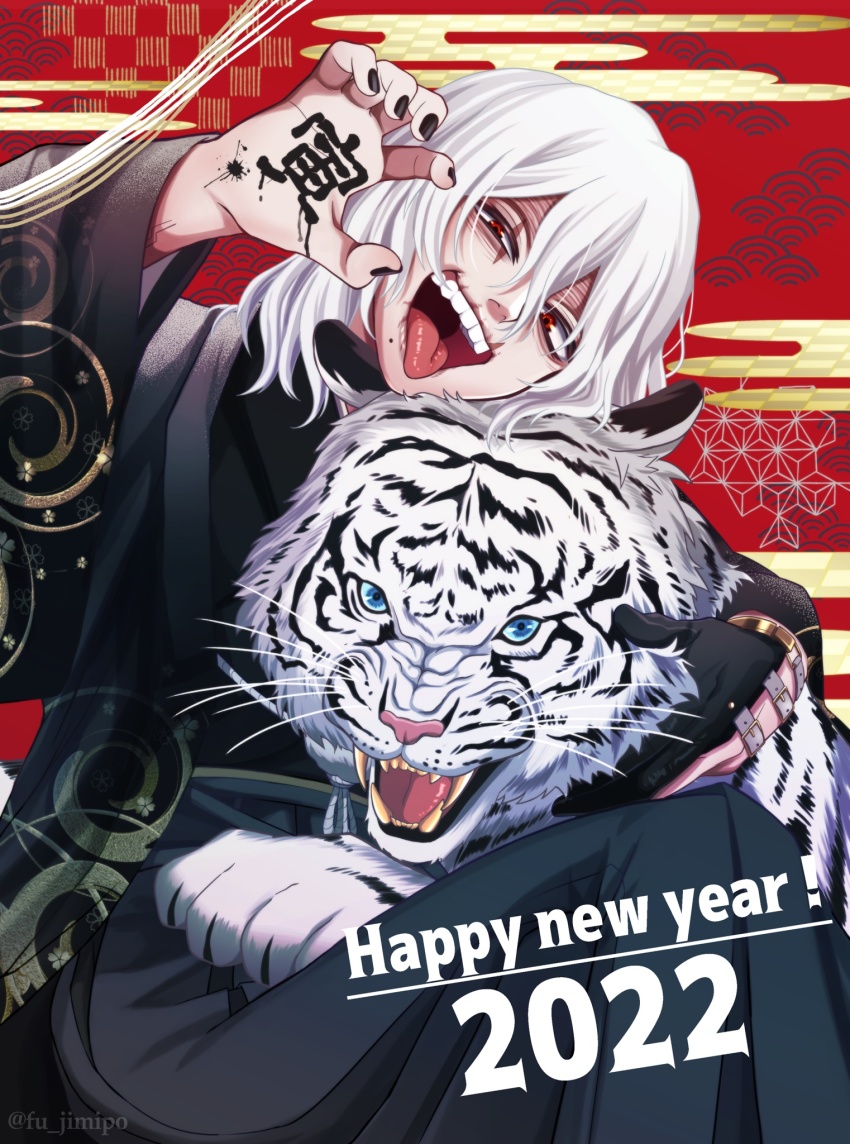 1boy 2022 animal asa_no_ha_(pattern) black_nails body_writing boku_no_hero_academia chinese_zodiac claw_pose egasumi fangs foreground_text fu_jimipo gloves hair_between_eyes half_gloves happy_new_year highres holding holding_animal japanese_clothes kimono long_hair looking_at_viewer male_focus mole mole_under_mouth multicolored_background nail_polish nengajou new_year open_mouth red_eyes sakuramon scar scar_across_eye scar_on_face scar_on_mouth seigaiha shigaraki_tomura single_glove sitting solo_focus spiral swirl teeth text_focus tiger tongue tongue_out upper_teeth_only white_hair white_tiger writing_on_hand year_of_the_tiger