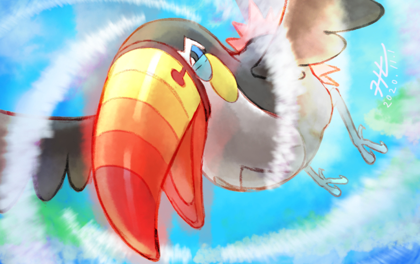 beak blue_hair commentary_request dated day flying gen_7_pokemon nintendo no_humans null_suke one-hour_drawing_challenge open_mouth pokemon pokemon_(creature) signature toucannon
