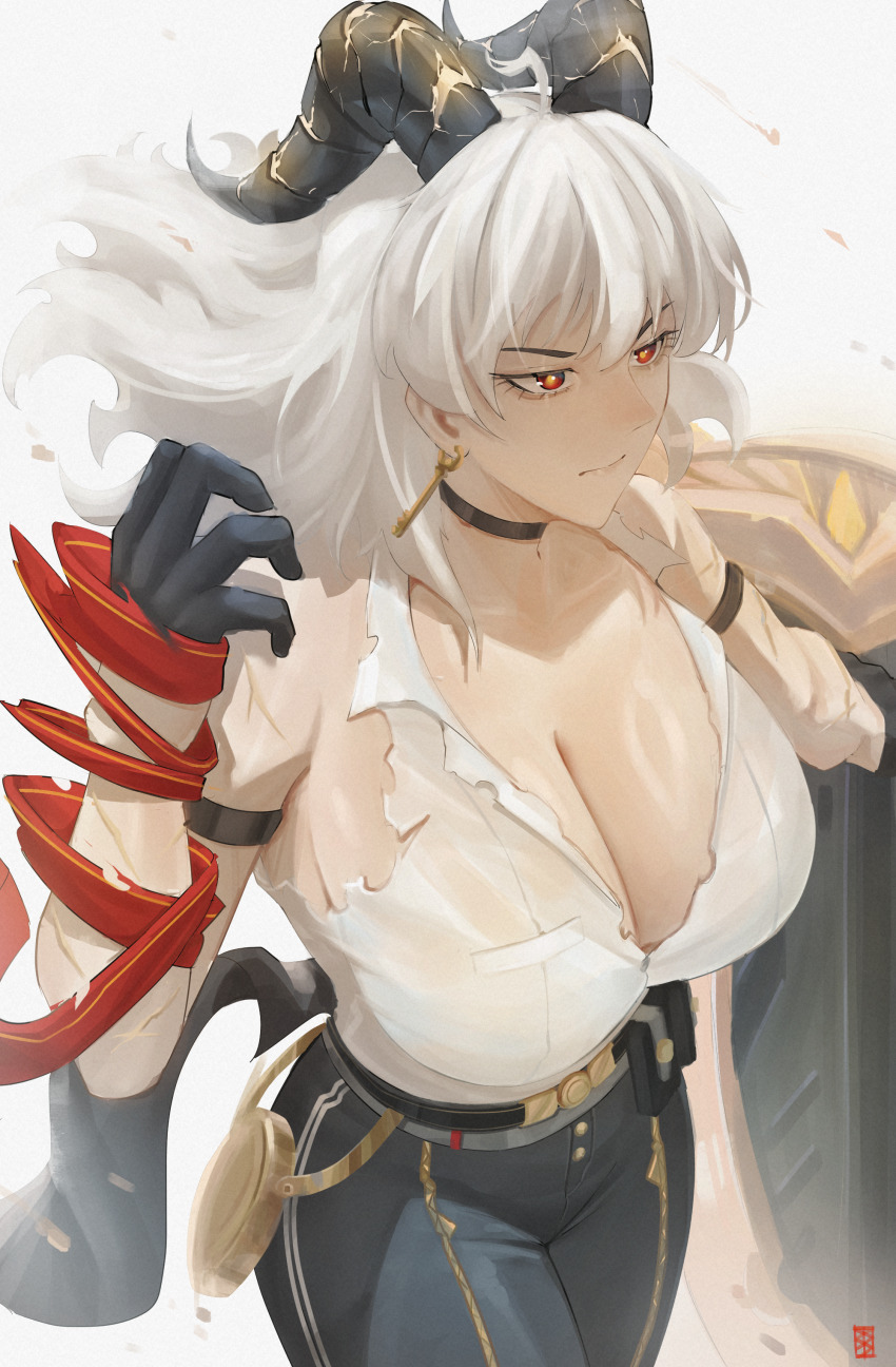 1girl absurdres black_choker black_gloves black_horns black_pants breasts choker closed_mouth collarbone commentary cowboy_shot curled_horns earrings gloves hand_up high-waist_pants highres horns jewelry key_earrings kuraasa_5 large_breasts long_hair looking_ahead necktie necktie_around_wrists pants red_eyes red_necktie scar scars_all_over shirt shirt_tucked_in solo tight_clothes tight_pants too_many torn_clothes torn_shirt white_hair white_shirt wuthering_waves zani_(wuthering_waves)