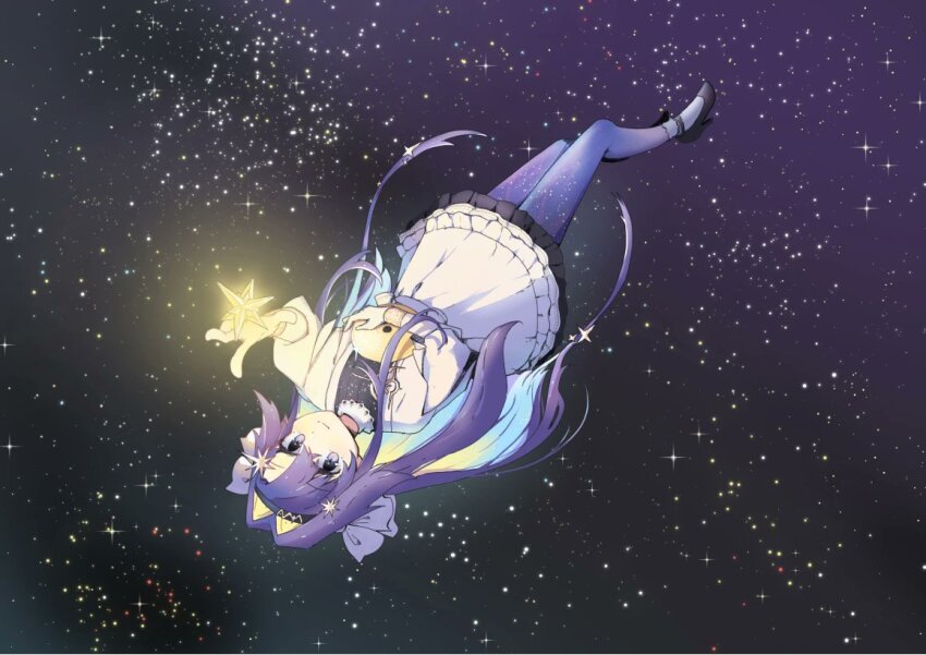 1girl black_shoes blonde_hair blue_eyes blue_hair colored_inner_hair dress floating full_body holding holding_record juliet_sleeves long_hair long_sleeves looking_at_viewer multicolored_hair puffy_sleeves reverse:1999 ritzueli shoes short_dress smile socks solo star_(sky) starry_skin starry_sky_background stellated_octahedron upside-down very_long_hair voyager_(reverse:1999) white_dress white_socks