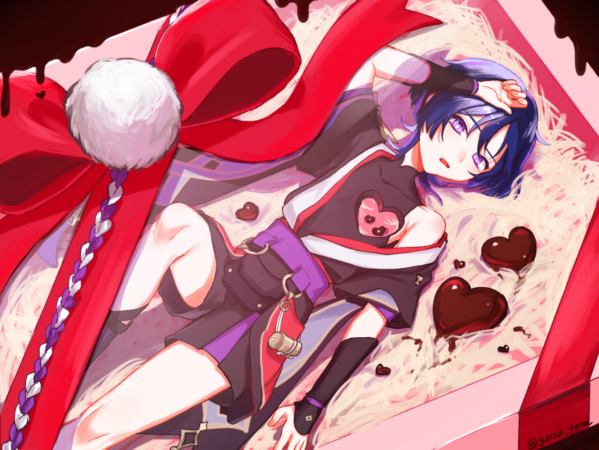 1boy arm_at_side arm_up armor black_bodysuit black_kimono black_shorts black_sleeves blunt_ends bodysuit box bright_pupils candy chocolate chocolate_heart covered_collarbone eyeliner eyeshadow food furisode genshin_impact gift gift_box gnsn_tera hair_between_eyes han&#039;eri hand_on_own_head haori_himo heart heart-shaped_food highres hole_in_chest hole_on_body in_box in_container japanese_armor japanese_clothes kimono knee_up kote kurokote layered_kimono layered_shorts layered_sleeves looking_at_viewer lying makeup male_focus mandarin_collar mini_person miniboy o-ring on_back open_clothes open_kimono open_mouth pink_eyes purple_hair purple_sash purple_shorts purple_sleeves red_eyeliner red_eyeshadow red_kimono red_ribbon ribbon rope sash scaramouche_(genshin_impact) shimenawa short_sleeves shorts single_off_shoulder solo white_kimono white_pupils
