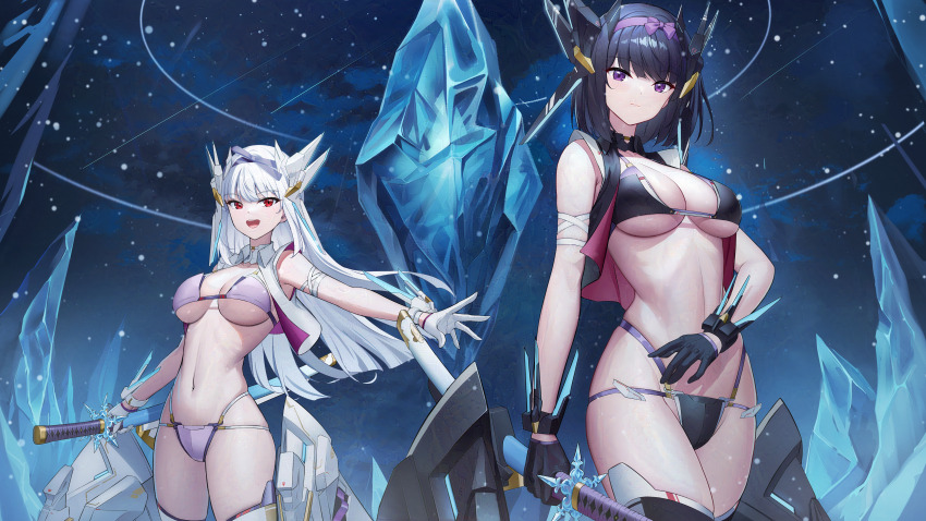 2girls absurdres adversarial_noise arm_ribbon bandaged_hand bandages bikini black_bikini black_hair bob_cut bow breasts coat commentary_request commission frozen hairband hayane_fubuki highres ice katana large_breasts long_hair medium_breasts multiple_girls navel night night_sky purple_bikini purple_bow purple_coat purple_hairband purple_sash ribbon sash sheath shining_(series) shining_blade sion_(9117) skeb_commission sky star_(sky) starry_sky straight_hair swimsuit sword tony_taka_(style) unsheathing weapon white_hair yukihime_(shining)