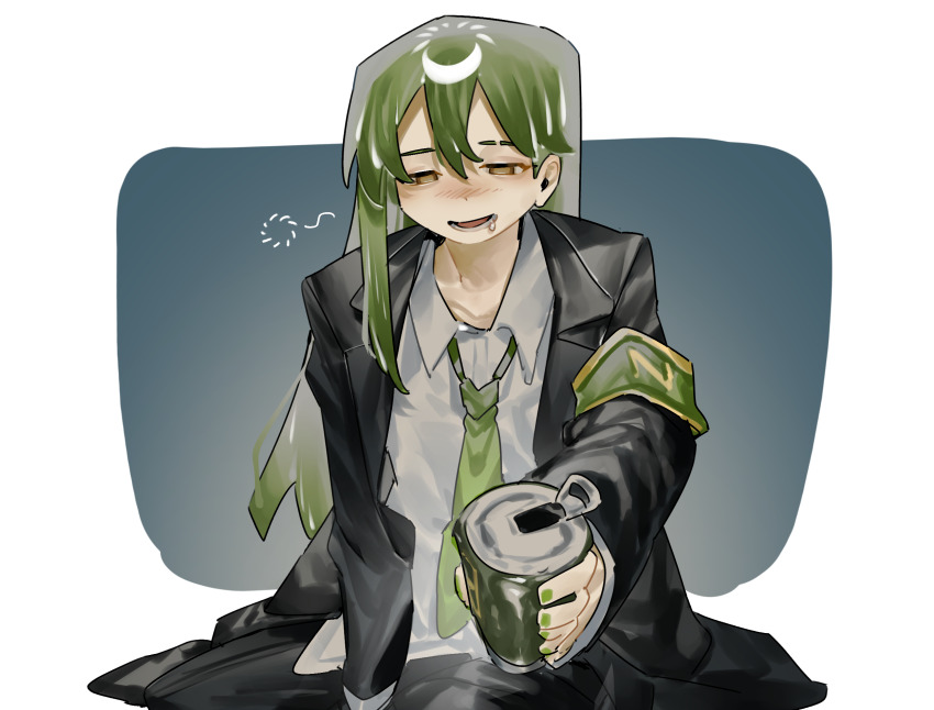 1boy armband black_jacket black_pants blush brown_eyes can collared_shirt dress_shirt drooling drunk eyebrow_cut green_armband green_hair green_nails green_necktie half-closed_eyes highres holding holding_can incoming_drink jacket lobotomy_corporation long_hair loose_necktie male_focus necktie netzach_(project_moon) open_clothes open_jacket pants project_moon reaching reaching_towards_viewer shirt sitting smile solo squeans toeiki_c white_shirt