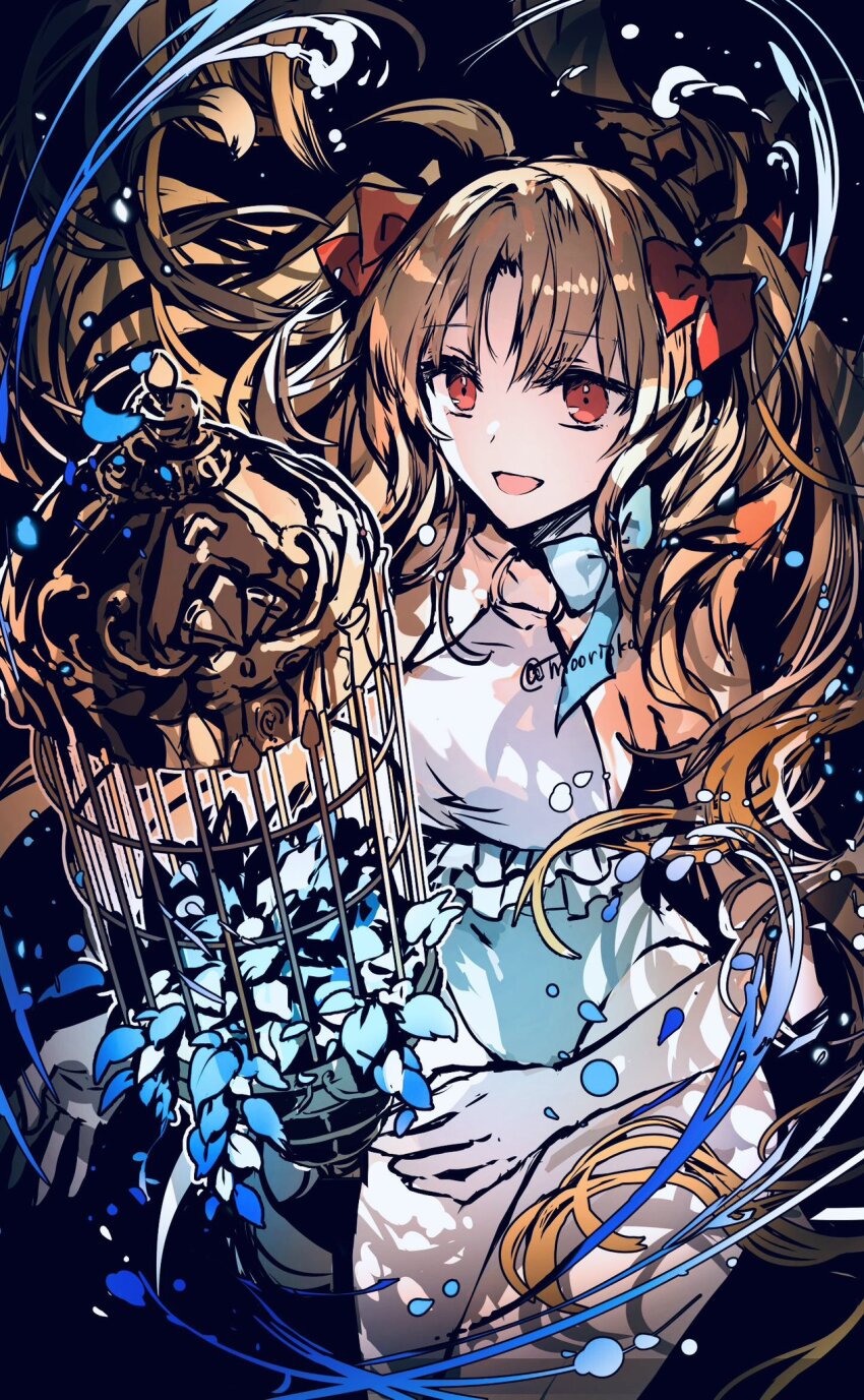 1girl bare_shoulders birdcage blonde_hair blue_one-piece_swimsuit blush breasts cage ereshkigal_(fate) fate/grand_order fate_(series) hairband highres long_hair looking_at_viewer medium_breasts o-ring one-piece_swimsuit open_mouth red_eyes rioka_(southern_blue_sky) smile solo space_ereshkigal_(fate) space_ereshkigal_(first_ascension)_(fate) swimsuit thighs two-tone_swimsuit two_side_up white_one-piece_swimsuit