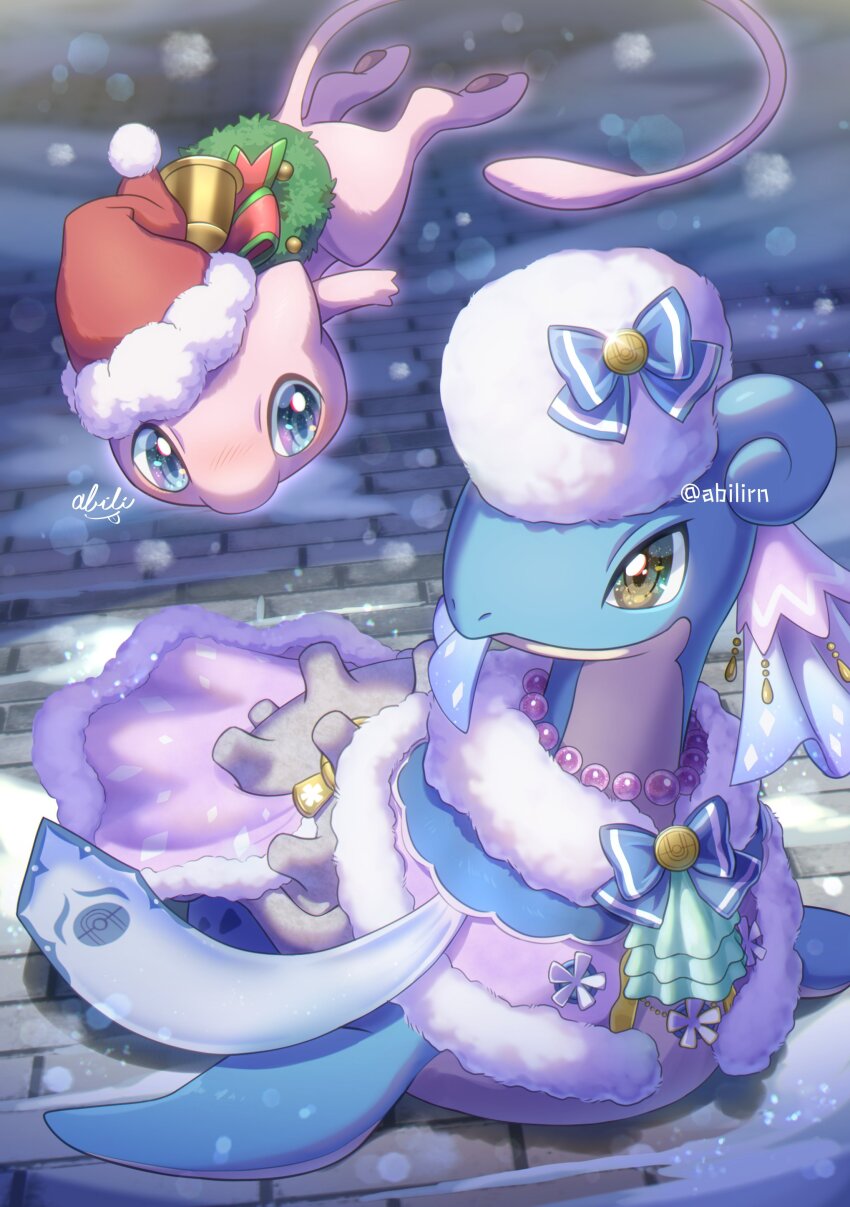 absurdres bell blue_eyes brown_eyes christmas christmas_wreath closed_mouth commentary_request floating gen_1_pokemon hat highres jewelry lapras legendary_pokemon mew_(pokemon) mythical_pokemon necklace nintendo no_humans outdoors pokemer pokemon pokemon_(creature) santa_hat scarf smile snow tail twitter_username winter_clothes wreath