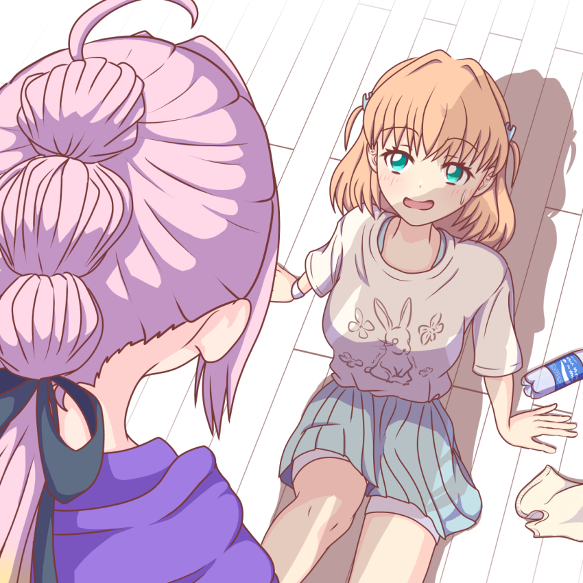 2girls :d ahoge anyoji_hime anyoji_hime_(summer_training_wear) aqua_eyes bike_shorts bike_shorts_under_skirt black_ribbon blonde_hair blue_skirt blush brand_name_imitation breasts commentary facing_another feet_out_of_frame from_above gradient_hair hair_ornament hair_ribbon highres hinoshita_kaho hinoshita_kaho_(summer_training_wear) hood hood_down hoodie large_breasts link!_like!_love_live! long_hair looking_at_another love_live! miniskirt multi-tied_hair multicolored_hair multiple_girls on_floor open_mouth orange_hair pleated_skirt pocari_sweat ponytail purple_hoodie rabbit_hair_ornament ribbon saboten_(sabo10_c) shadow shirt short_sleeves shorts shorts_under_skirt sidelocks skirt smile sweatdrop symbol-only_commentary t-shirt two_side_up virtual_youtuber white_shirt white_shorts