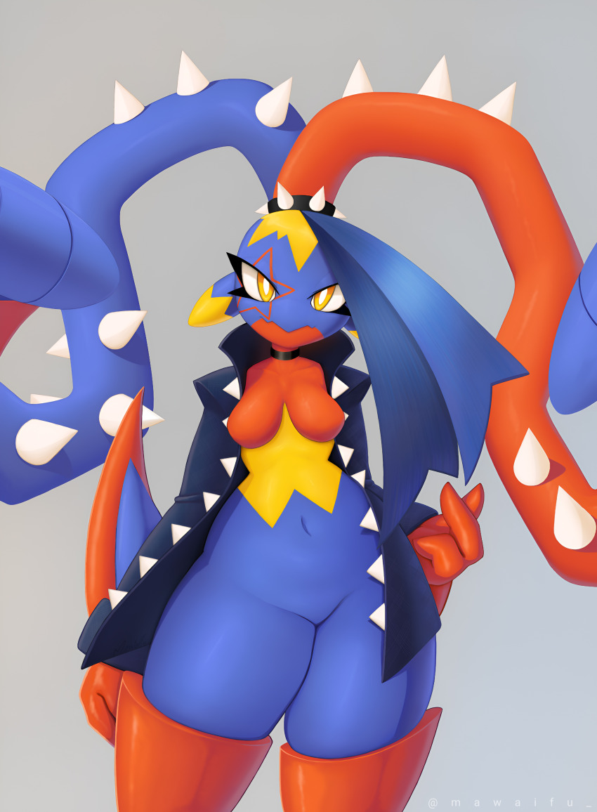 1girl arm_at_side arm_blade artist_name big_hair black_choker blue_coat blue_hair blue_skin bottomless breasts bright_pupils choker closed_mouth coat collarbone colored_skin cowboy_shot cropped facial_mark female_focus finger_heart fusion garchomp gen_3_pokemon gen_4_pokemon grey_background groin hand_up long_hair long_sleeves looking_at_viewer mawaifu mawile medium_breasts mega_garchomp mega_mawile mega_pokemon multicolored_hair multicolored_skin navel nintendo no_nipples no_pussy no_shirt open_clothes open_coat pokemon pokemon_(creature) red_hair red_skin simple_background solo spiked_hair_ornament spikes standing star_(symbol) stomach thick_thighs thighs twitter_username two-tone_hair very_long_hair watermark wavy_mouth weapon white_pupils yellow_eyes yellow_skin
