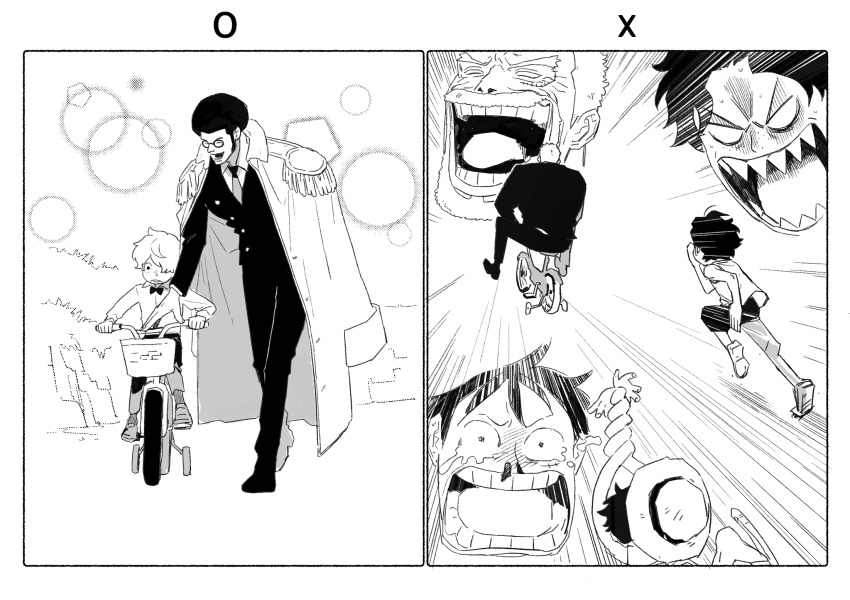 5boys aged_down bicycle black_hair blonde_hair blood child coat crying crying_with_eyes_open donquixote_rocinante doodlz1p epaulettes glasses greyscale highres injury laughing male_focus monkey_d._garp monkey_d._luffy monochrome multiple_boys nosebleed old old_man one_piece open_mouth portgas_d._ace running sengoku_(one_piece) sharp_teeth short_hair tears teeth white_coat
