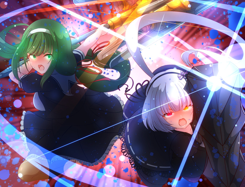 2girls arm_up assault_lily baichi_(ph4yvfsqyynkhnv) black_capelet black_hairband black_pantyhose black_ribbon black_shirt black_skirt blurry blurry_background bow_hairband breasts brown_pantyhose capelet commentary cropped_jacket energy fighting_stance floating_hair flower frilled_skirt frills glowing glowing_eyes green_eyes green_hair grey_hair hair_ribbon hairband hand_up hasebe_touka heterochromia highres holding holding_polearm holding_weapon lace-trimmed_capelet lace_trim leaning_forward long_hair looking_at_viewer low-tied_long_hair low_ponytail lower_teeth_only medium_breasts multiple_girls open_mouth outstretched_arm pantyhose polearm ponytail puffy_short_sleeves puffy_sleeves purple_flower red_background red_eyes red_ribbon ribbon ribbon-trimmed_capelet ribbon_trim school_uniform shirt short_sleeves skirt standing standing_on_one_leg teeth three-quarter_sleeves two-handed underbust v-shaped_eyebrows very_long_hair weapon white_shirt yamaguchi_chihiro_(assault_lily) yellow_eyes yurigaoka_girls_academy_school_uniform