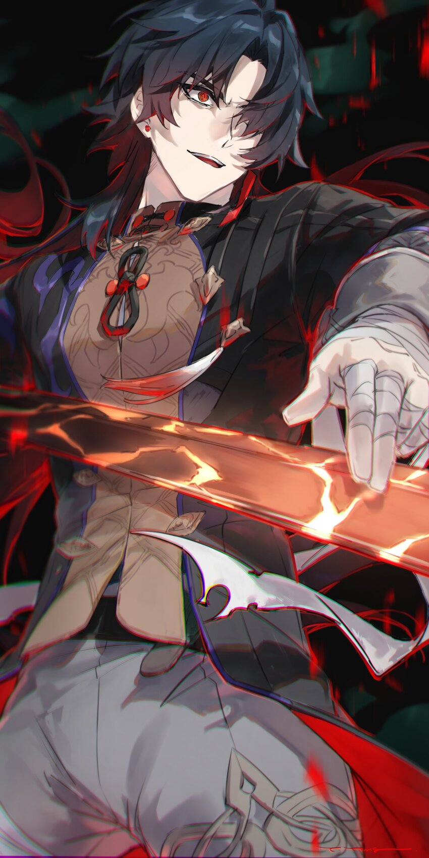 1boy absurdres bandaged_hand bandages black_sleeves blade_(honkai:_star_rail) grey_pants hair_over_one_eye highres holding holding_sword holding_weapon honkai:_star_rail honkai_(series) long_hair male_focus pants parted_bangs parted_lips red_eyes solo sword teeth upper_body upper_teeth_only weapon yama_ta_yomogi