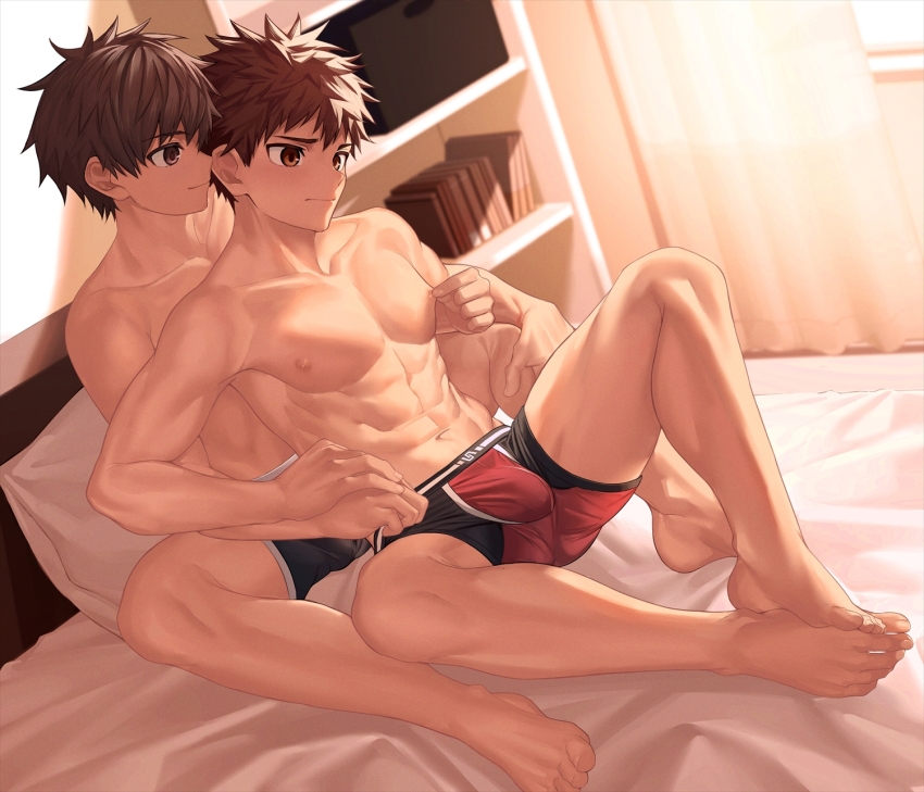 2boys abs barefoot bed behind_another between_legs black_male_underwear blush bookshelf boxer_briefs brown_eyes brown_hair bulge collarbone curtains dutch_angle feet hand_on_another&#039;s_hand highres knee_up knees_apart_feet_together light_frown light_smile looking_at_another male_focus male_underwear multicolored_male_underwear multiple_boys navel nayoshi_(r-744) nipple_stimulation nipple_tweak nipples on_bed original pectorals pillow profile purple_eyes red_male_underwear short_hair sitting spiked_hair spread_legs sunlight toned toned_male underwear underwear_only window yaoi