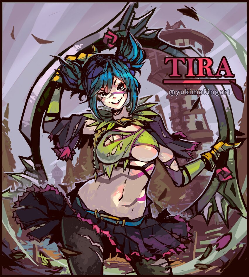 1girl absurdres black_pantyhose blue_hair body_markings breasts brown_eyes character_name crazy_grin elbow_gloves facial_mark flower frilled_skirt frills gloves green_gloves highres holding holding_weapon hoop huge_weapon large_breasts long_hair looking_at_viewer navel pantyhose pink_flower pink_rose pleated_skirt purple_hair purple_skirt rose skirt smile soul_calibur soulcalibur soulcalibur_iv tira_(soulcalibur) torn_clothes twintails weapon yukimakingart