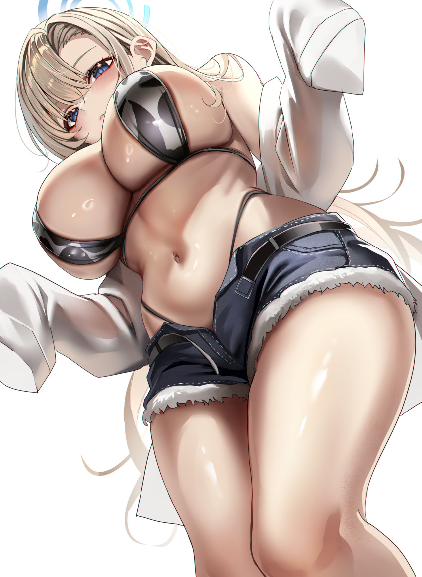 1girl alternate_costume animal_print asuna_(blue_archive) bare_shoulders belt bikini black_belt black_shorts blonde_hair blue_archive blue_eyes blue_halo blush breasts closed_mouth commentary cow_print english_commentary from_below halo highleg highleg_bikini highres huge_breasts long_hair long_sleeves looking_at_viewer looking_down navel off_shoulder ring_light_reflection short_shorts shorts sideboob simple_background solo stomach stone_(ksorede) swimsuit thighs white_background
