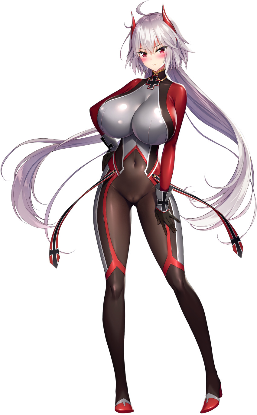 1girl absurdres ahoge black_bodysuit black_gloves blush bodysuit breasts cameltoe cleavage closed_mouth covered_navel cross derauea full_body game_cg gloves grey_bodysuit grey_hair hand_on_own_hip hand_on_own_thigh high_heels highres horns huge_breasts impossible_bodysuit impossible_clothes iron_cross liescha long_hair look-alike looking_at_viewer low_twintails mechanical_horns milk_factory motto!_haramase!_honoo_no_oppai_chou_ero_appli_gakuen! multicolored_bodysuit non-web_source official_art red_bodysuit red_eyes sprite strap tachi-e transparent_background twintails very_long_hair
