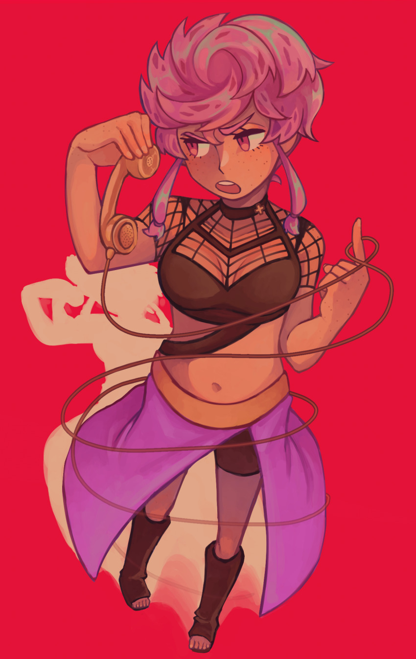 1girl black_shirt boots commentary corded_phone english_commentary fishnet_top fishnets freckles full_body highres holding holding_phone jojo_no_kimyou_na_bouken looking_to_the_side malan open_mouth phone pink_background pink_eyes pink_hair pompadour purple_skirt shadow shirt short_hair shorts skirt solo teeth trish_una upper_teeth_only