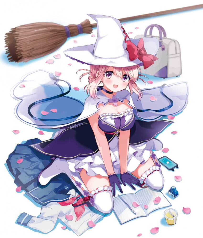 1girl bag black_choker black_gloves blush boots breasts broom cherry_blossoms choker cleavage cloak commentary_request cover_image dress food frilled_dress frills gloves hair_between_eyes hair_bun hara_yui hat highres large_breasts light_brown_hair long_hair looking_at_viewer majo_wa_mangetsu_ni_saku minato_shima notebook open_mouth pen phone pink_petals pudding purple_eyes sailor_collar sailor_shirt shirt sidelocks simple_background single_hair_bun sitting smile solo thigh_boots wariza white_background white_boots white_cloak white_dress white_hair witch witch_hat