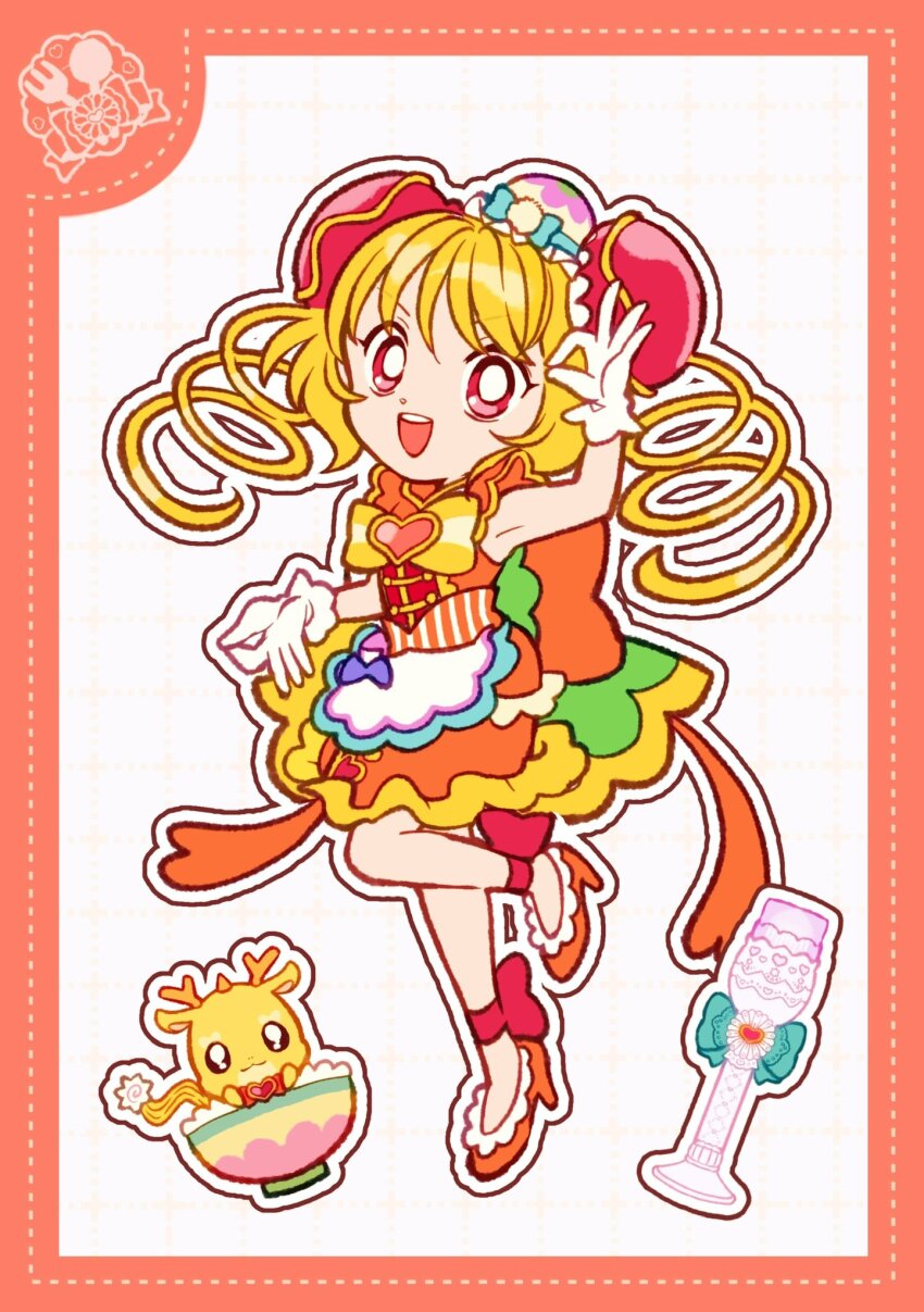 1girl ankle_bow ankle_ribbon apron back_bow blonde_hair blue_bow border bow bow_apron bowtie brooch bun_cover cape collared_shirt cure_yum-yum deformed delicious_party_precure dot_nose dotted_line double_bun drill_hair food-themed_hair_ornament frilled_gloves frilled_shorts frills full_body gloves green_skirt grid_background hair_bun hair_ornament hanamichi_ran happy hat hat_bow heart heart_brooch high_heels highres jewelry leg_up long_hair looking_at_viewer magical_girl mem-mem_(precure) miniskirt ok_sign open_mouth orange_border orange_bow orange_brooch orange_cape orange_shirt orange_shoes outline pink_bow pom_pom_(clothes) precure purple_bow red_bow red_eyes ribbon shirt shoes shorts signature skirt skirt_hold sleeveless sleeveless_shirt smile standing stiletto_heels tareme teeth twin_drills two-tone_skirt upper_teeth_only uwded_207 waist_apron wand white_apron white_background white_gloves white_outline yellow_bow yellow_bowtie yellow_skirt