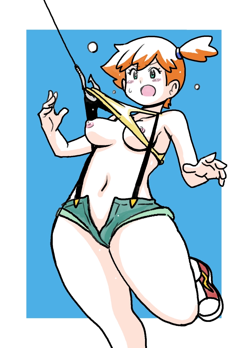 1girl absurdres back bare_arms bare_shoulders blush breasts denim denim_shorts female_focus gym_leader hair_tie highres koutarosu large_breasts legs misty_(pokemon) nintendo nipples open_mouth orange_hair pokemon pokemon_(anime) pokemon_(classic_anime) ponytail shirt short shorts side_ponytail simple_background sleeveless solo suspenders sweat sweatdrop tank_top thick_thighs thighs white_background wide_hips yellow_shirt