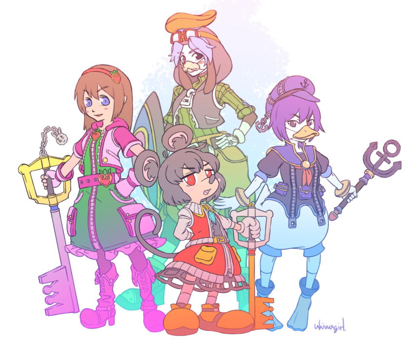4girls anchor animal_ear_fluff animal_ears belt black_belt black_eyes black_shirt blue_hair blue_hat blush boots brown_boots brown_hair brown_shorts colored_skin commentary_request cookie_(touhou) cosplay donald_duck donald_duck_(cosplay) dress fake_beak fake_snout fingerless_gloves flippers flour_(cookie) food-themed_hair_ornament full_body gloves goggles goggles_on_head goofy goofy_(cosplay) green_dress green_shirt grey_hair grey_shirt hair_ornament hairband hand_on_own_hip hat holding holding_shield ichigo_(cookie) jacket jewelry keyblade kingdom_hearts kumoi_ichirin long_hair looking_at_viewer mickey_mouse mickey_mouse_(cosplay) milk_(cookie) mouse_ears mouse_girl mouse_tail multiple_girls murasa_minamitsu nazrin nyon_(cookie) open_mouth pendant pink_belt pink_boots pink_jacket puffy_short_sleeves puffy_sleeves red_eyes red_hairband red_skirt red_vest shield shirt short_hair short_sleeves shorts skirt sora_(kingdom_hearts) sora_(kingdom_hearts)_(cosplay) standing strawberry_hair_ornament tail touhou ukiwagirl very_long_hair vest white_background white_gloves white_skin white_vest zipper