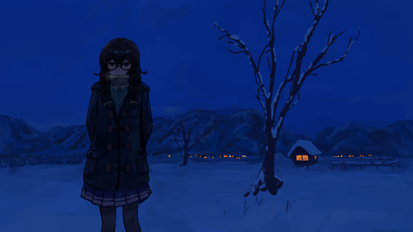 1girl absurdres arms_behind_back bare_tree braid breath building cevio commentary glasses hanakuma_chifuyu highres house jacket leggings looking_at_viewer mountain night outdoors pantyhose pleated_skirt scenery semi-rimless_eyewear shiyomifu skirt snow solo sweater synthesizer_v toggles torn_clothes torn_pantyhose tree twin_braids v-neck winter