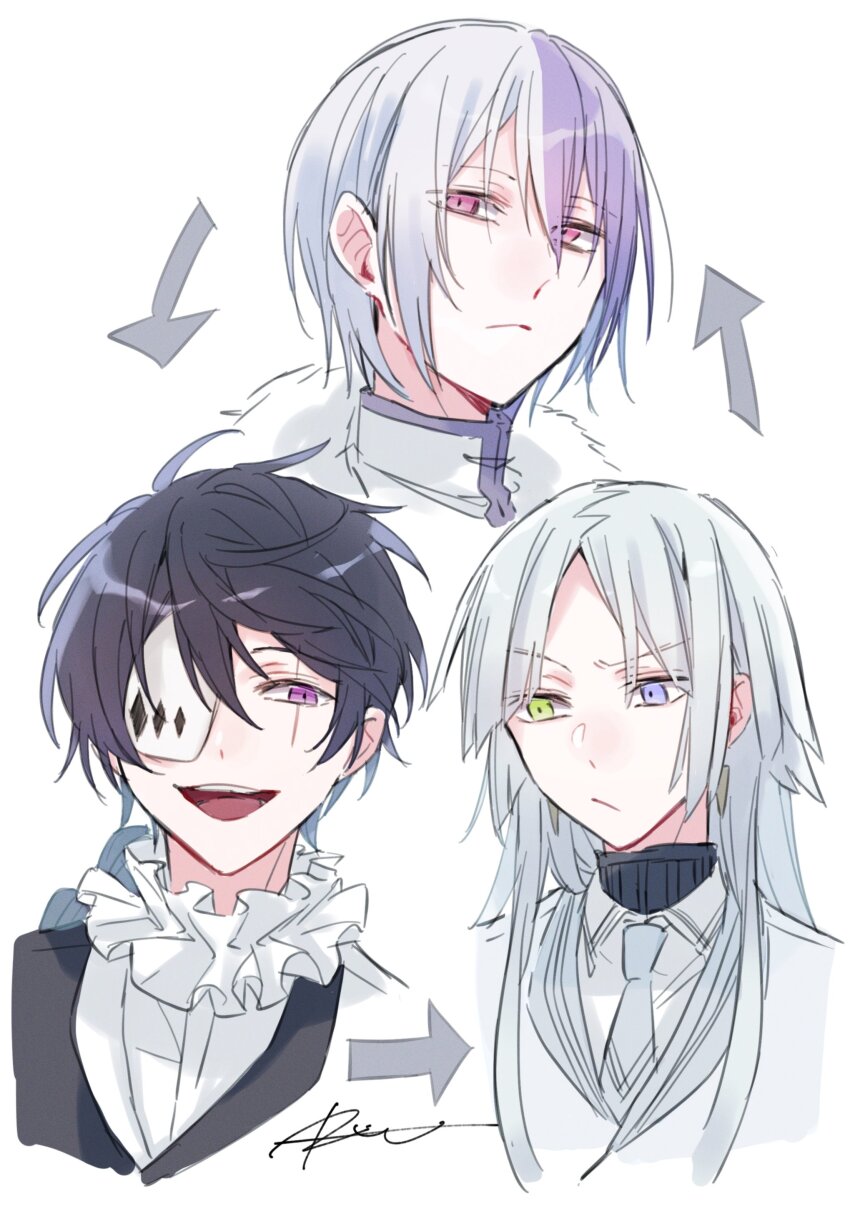 3boys absurdres alternate_eye_color alternate_hair_color arrow_(symbol) black_hair black_sweater blue_eyes braid bungou_stray_dogs closed_mouth collared_shirt color_switch commentary cropped_shoulders earrings eye_color_switch eyepatch frilled_shirt_collar frills fur_trim fyodor_dostoyevsky_(bungou_stray_dogs) green_eyes grey_hair hair_between_eyes hair_color_switch heterochromia highres jewelry long_hair male_focus multicolored_hair multiple_boys necktie nikolai_gogol_(bungou_stray_dogs) open_mouth pink_eyes purple_eyes purple_hair r1kuuw scar scar_across_eye scar_on_face shirt short_hair sigma_(bungou_stray_dogs) signature single_braid smile split-color_hair sweater teeth turtleneck turtleneck_sweater two-tone_hair upper_teeth_only vest white_background white_hair white_shirt