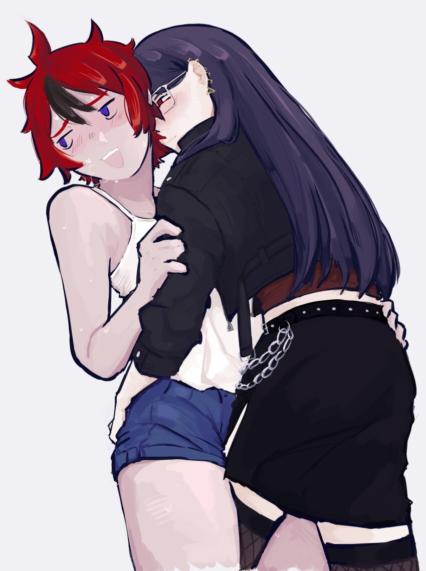 2girls absurdres alternate_costume belt black_hair black_jacket black_skirt black_thighhighs blue_eyes blue_shorts blush brown_shirt ear_piercing earrings female_focus genderswap genderswap_(mtf) glasses hair_between_eyes highres jacket jewelry knee_between_legs leg_between_thighs long_hair multicolored_eyes multicolored_hair multiple_girls open_mouth piercing purple_hair red_eyes red_hair shirt shizuhara_hiruko shorts simple_background skirt sumino_takumi sweat sweatdrop tank_top the_hundred_line_-last_defense_academy- thighhighs wallet_chain white_background white_tank_top yuri