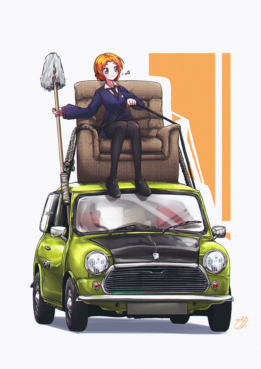 1girl absurdres armchair artist_name beamed_eighth_notes black_footwear black_necktie black_pantyhose blue_eyes blue_skirt blue_sweater braid car chair closed_mouth collared_shirt commentary girls_und_panzer grey_background highres holding holding_mop long_sleeves looking_to_the_side mini_cooper mizzterbii mop motor_vehicle mr._bean mr._bean_(series) musical_note necktie on_car on_chair orange_hair orange_pekoe_(girls_und_panzer) pantyhose parody parted_bangs rope school_uniform shirt short_hair signature sitting skirt smile solo st._gloriana&#039;s_school_uniform sweater symbol-only_commentary twin_braids v-neck