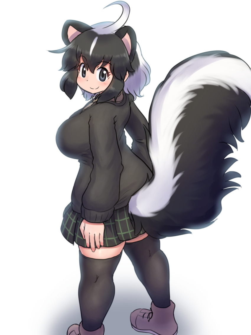 1girl ahoge black_eyes black_hair black_skirt black_sweater black_thighhighs boots breasts brown_boots closed_mouth commentary_request extra_ears from_behind hair_between_eyes highres kemono_friends large_breasts large_tail light_blush long_sleeves looking_at_viewer looking_back mo23 multicolored_hair plaid_clothes plaid_skirt shadow short_hair simple_background skirt skunk_ears skunk_girl skunk_tail smile solo standing striped_skunk_(kemono_friends) sweater tail thighhighs two-tone_hair white_background white_hair zettai_ryouiki