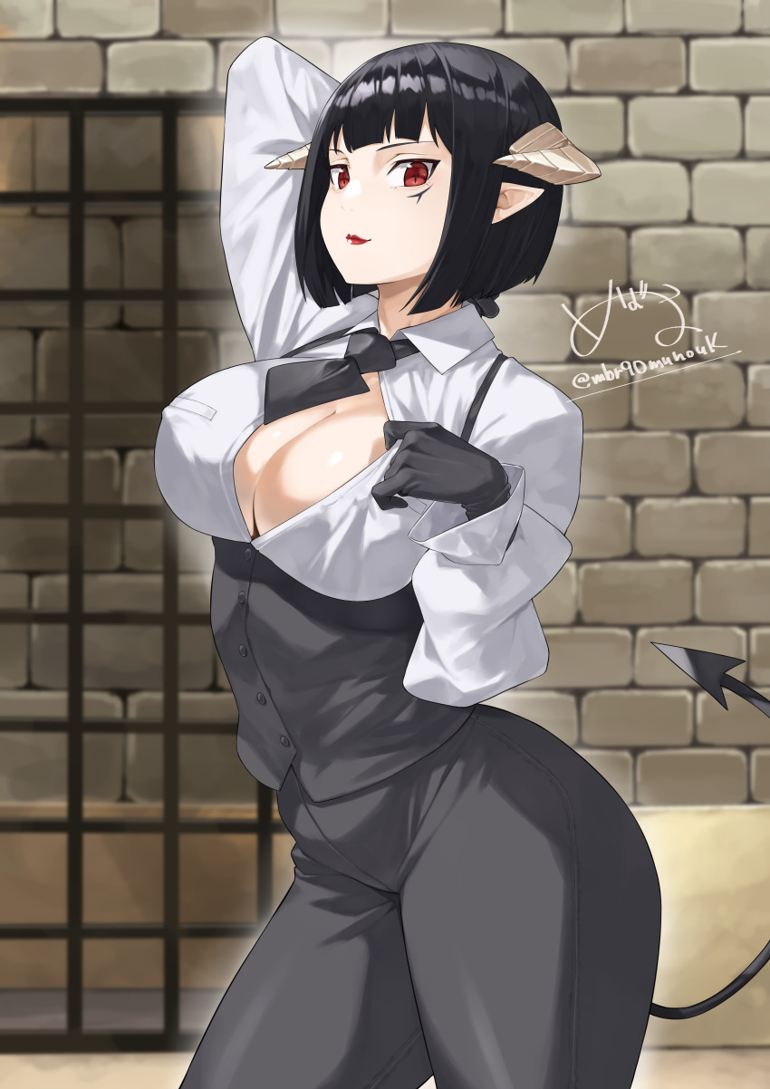 1girl absurdres arm_behind_head arm_up black_gloves black_hair black_necktie black_pants blunt_bangs breasts brick_wall cleavage closed_mouth collared_shirt commentary_request cowboy_shot demon_girl demon_horns demon_tail gloves highres hime-sama_&quot;goumon&quot;_no_jikan_desu horns large_breasts long_sleeves looking_at_viewer maburoku necktie pants pointy_ears red_eyes red_lips shirt short_hair solo standing stone_wall tail thick_thighs thighs torture_tortura vest wall white_shirt
