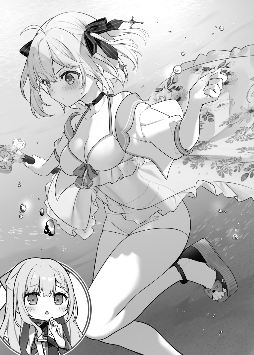 2girls anisphia_wynn_palettia blush breasts choker cleavage closed_mouth commentary_request euphyllia_magenta greyscale hair_ribbon hands_up highres holding holding_sword holding_weapon kisaragi_yuri long_hair looking_at_another medium_hair monochrome multiple_girls ocean open_mouth outdoors ribbon sandals shorts sword tensei_oujo_to_tensai_reijou_no_mahou_kakumei toes two_side_up weapon