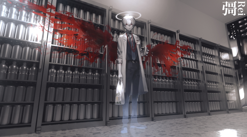 1boy 3d angel bag belt blood blood_splatter bloody_wings blue_necktie bottle can closed_mouth coat convenience_store doctor ghost hair_between_eyes halo highres holding holding_bag holding_can id_card indoors ishida_(segu_ishida) lab_coat lanyard looking_at_viewer male_focus necktie original plastic_bag red_eyes shop sleeves_rolled_up solo standing transparent white_coat white_hair wings