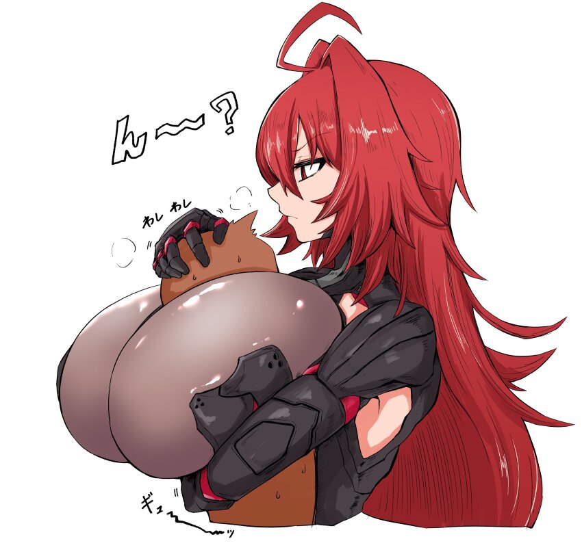 1girl absurdres ahoge between_breasts breasts doradora_uhouho goddess_of_victory:_nikke highres hug huge_breasts long_hair nihilister_(nikke) red_hair tkool_man