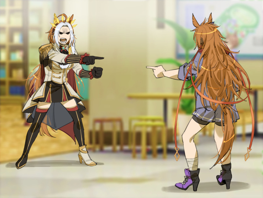 2girls ahoge aiguillette animal_ears ankle_boots arm_belt ascot asymmetrical_footwear bandaged_leg bandages bike_shorts bike_shorts_under_skirt black_ascot black_boots black_gloves black_thighhighs bling blonde_hair blue_bow blue_eyes boots bow brown_background brown_cape brown_hair cape coat commentary_request dual_persona ear_bow ear_covers ear_ornament frilled_sleeves frills full_body gem gloves gold_trim gradient_hair gradient_tail green_gemstone grey_jacket grey_skirt hair_bun hair_intakes high_heel_boots high_heels highres hood hood_down hoodie horse_ears horse_girl horse_tail huge_ahoge jacket jewelry light_brown_hair long_hair long_sleeves mask meme messy_hair miniskirt mismatched_footwear motion_lines mouth_mask multicolored_boots multicolored_hair multiple_girls notice_lines orange_hair orfevre_(old_design)_(umamusume) orfevre_(umamusume) pendant pointing pointing_spider-man_(meme) purple_boots red_hoodie reins ruukii_drift sideways_glance simple_background single_ear_cover single_side_bun skirt speech_bubble tail thighhighs two-tone_boots umamusume very_long_hair white_boots white_coat