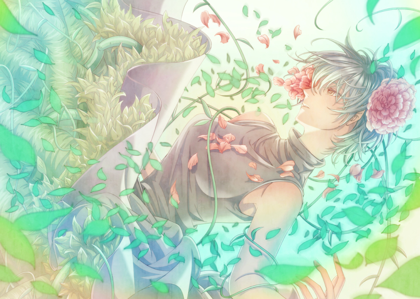 .flow 1girl armpits black_shirt blouse eyelashes falling_leaves female_focus flower flower_eyepatch flower_over_eye leaf monster_girl motion_blur olmatown plant plant_girl plant_roots sabitsuki shirt sideways silver_hair solo
