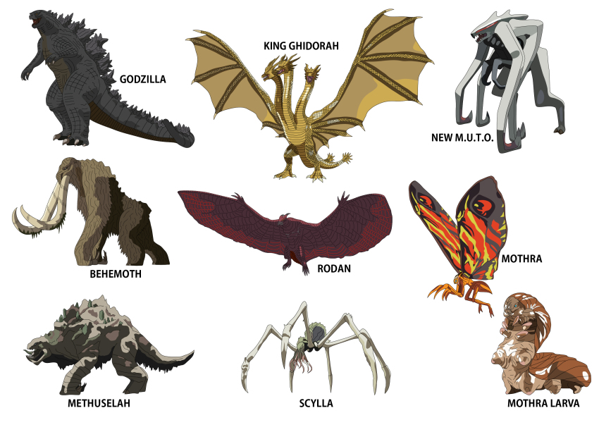 471aki baby behemoth_(monsterverse) bug caterpillar dual_persona elemental_(creature) fire_elemental godzilla godzilla:_king_of_the_monsters godzilla_(series) highres kaiju king_ghidorah legendary_pictures methuselah_(monsterverse) monsterverse mothra muto_(godzilla) muto_female no_humans queen_muto rodan scylla_(monsterverse) silkworm worm