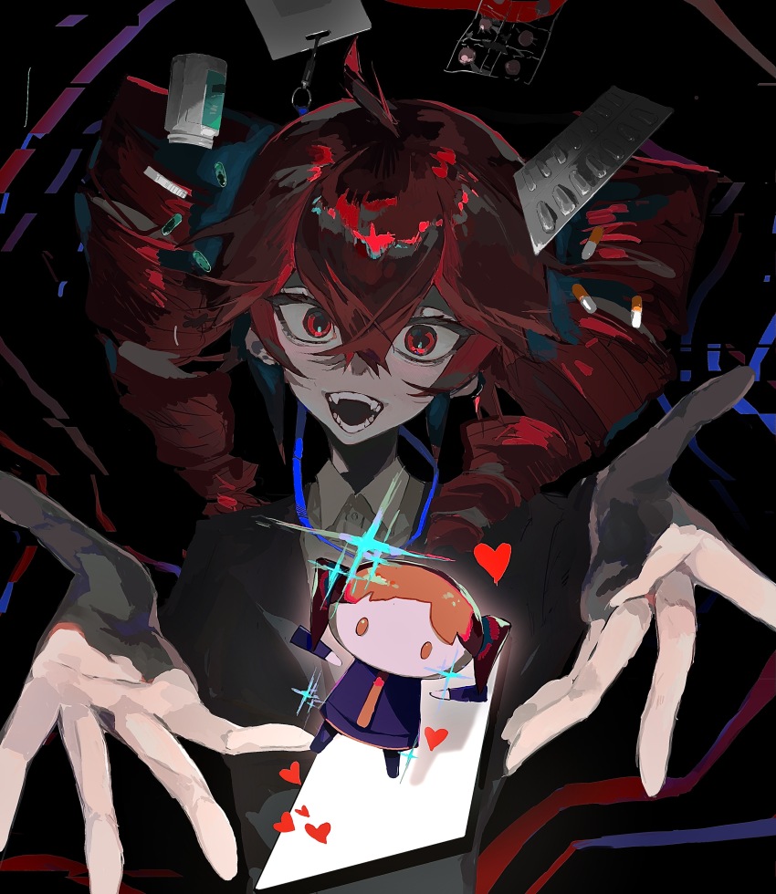 2girls absurdres ahoge black_jacket black_skirt black_sleeves blister_pack chibi collared_shirt commentary crazy_smile drill_hair fangs hair_between_eyes heart highres hito_mania_(utau) jacket kasane_teto kasane_teto_(utau) kuma_(yoooooooo152) long_hair looking_at_viewer multiple_girls necktie open_mouth pill pill_bottle red_eyes red_hair red_necktie shirt skirt smile twin_drills upper_body utau white_shirt wide-eyed