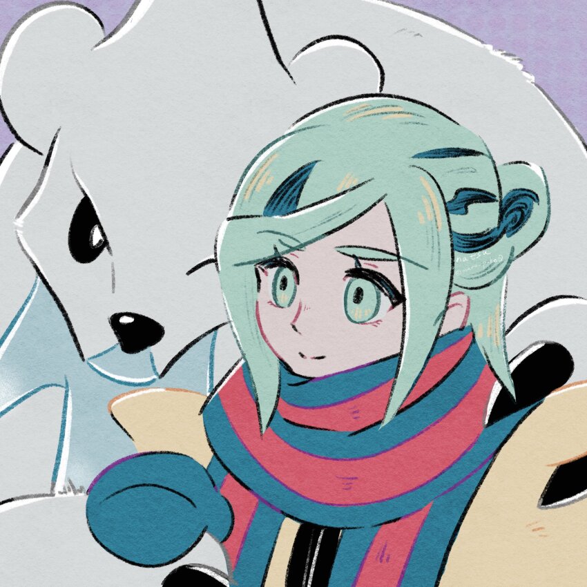 1boy bear beartic black_eyes blue_eyes blue_hair blue_mittens blue_scarf closed_mouth conachun eyelashes gen_5_pokemon grusha_(pokemon) highres jacket long_hair long_sleeves male_focus mittens nintendo pokemon pokemon_(creature) pokemon_sv purple_background red_scarf scarf simple_background smile striped_clothes striped_scarf two-tone_scarf upper_body white_fur yellow_jacket