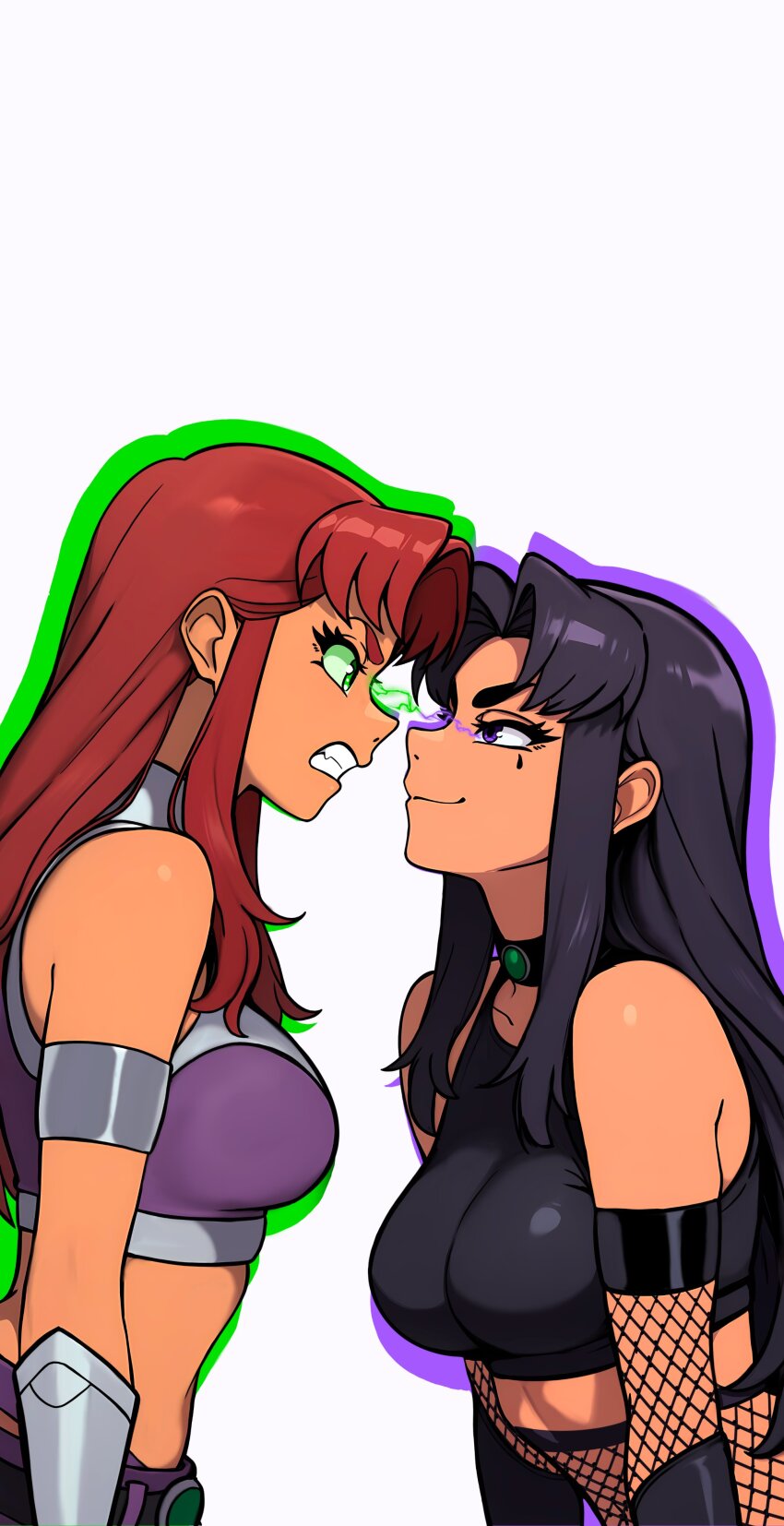 2girls absurdres black_choker black_hair blackfire breasts choker collarbone colored_sclera colored_skin dc_comics fishnet_top fishnets green_eyes highres like_and_retweet long_hair looking_at_another medium_breasts midriff multiple_girls purple_eyes purple_tank_top red_hair redpostit siblings simple_background sisters starfire tank_top teen_titans white_background