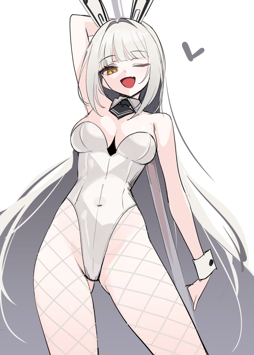 1girl animal_ears arm_behind_head arm_up ascot backless_leotard bare_shoulders black_ascot blanc_(nikke) breasts cleavage commentary deadnooodles detached_collar fake_animal_ears fake_tail fishnet_pantyhose fishnets goddess_of_victory:_nikke highleg highleg_leotard highres large_breasts leotard long_hair looking_at_viewer one_eye_closed pantyhose playboy_bunny rabbit_ears rabbit_tail simple_background smile solo strapless strapless_leotard tail thighs very_long_hair white_background white_hair white_leotard white_wrist_cuffs wrist_cuffs